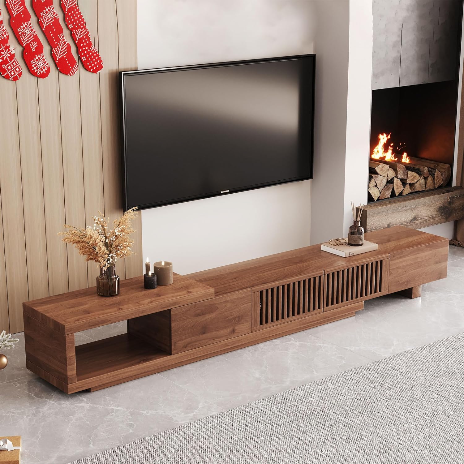 Mid Century Modern TV Stand for 75+ Inch TVs, Extendable Media Console (78"-103") with Ample