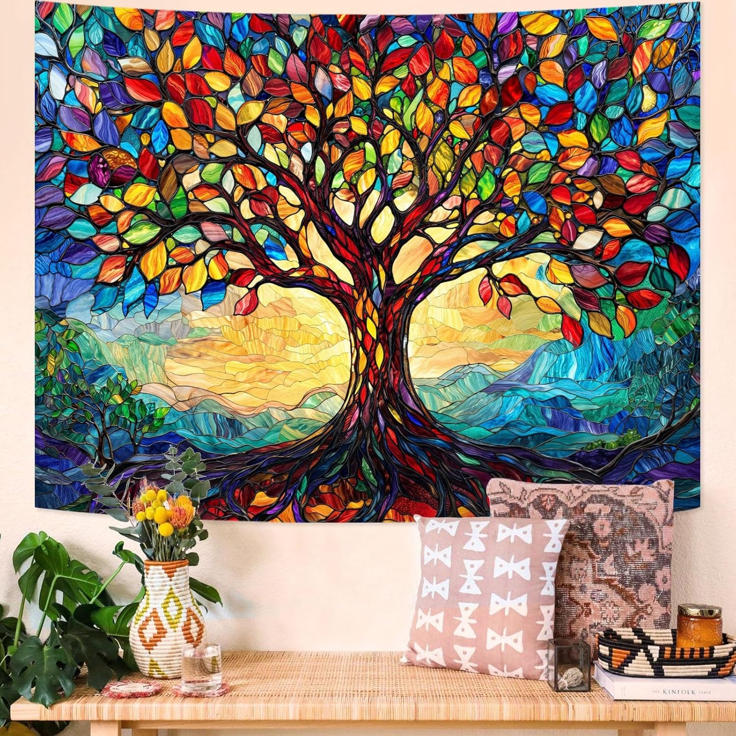 Lunerfex Tree of Life Tapestry Stained Glass Tapestry Wall Decor Tapestries for Bedroom Art