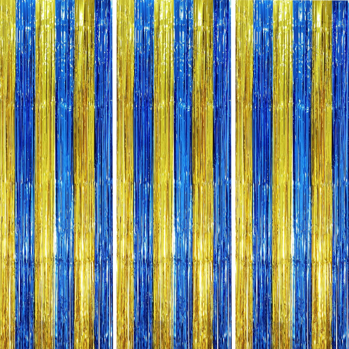 3 Pack 3.3 x 8.2 ft Blue Gold Foil Fringe Backdrop Curtains, Tinsel Streamers Party Decorations
