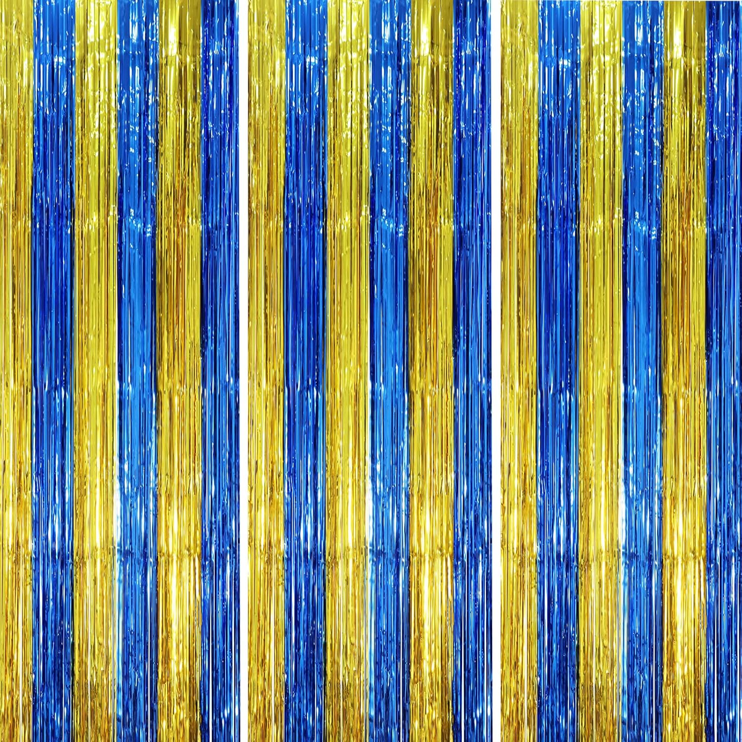 3 Pack 3.3 x 8.2 ft Blue Gold Foil Fringe Backdrop Curtains, Tinsel Streamers Party Decorations