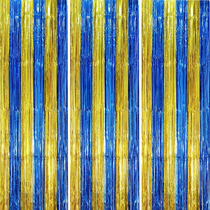 3 Pack 3.3 x 8.2 ft Blue Gold Foil Fringe Backdrop Curtains, Tinsel Streamers Party Decorations