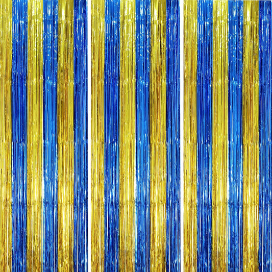 3 Pack 3.3 x 8.2 ft Blue Gold Foil Fringe Backdrop Curtains, Tinsel Streamers Party Decorations