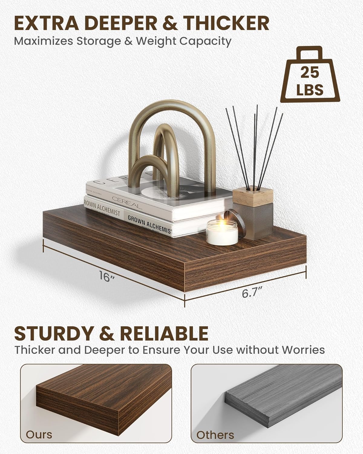 Marsmiles 16" Floating Shelves for Wall, Wooden Shelves with Invisible Brackets Set of 2, Rustic