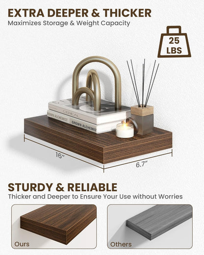Marsmiles 16" Floating Shelves for Wall, Wooden Shelves with Invisible Brackets Set of 2, Rustic