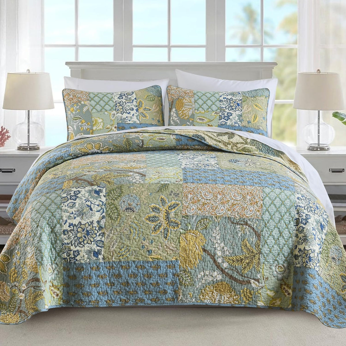 NEWLAKE Quilt Set California King Size, 100% Cotton Patchwork Green Bohemian Quilt Sets, Reversible