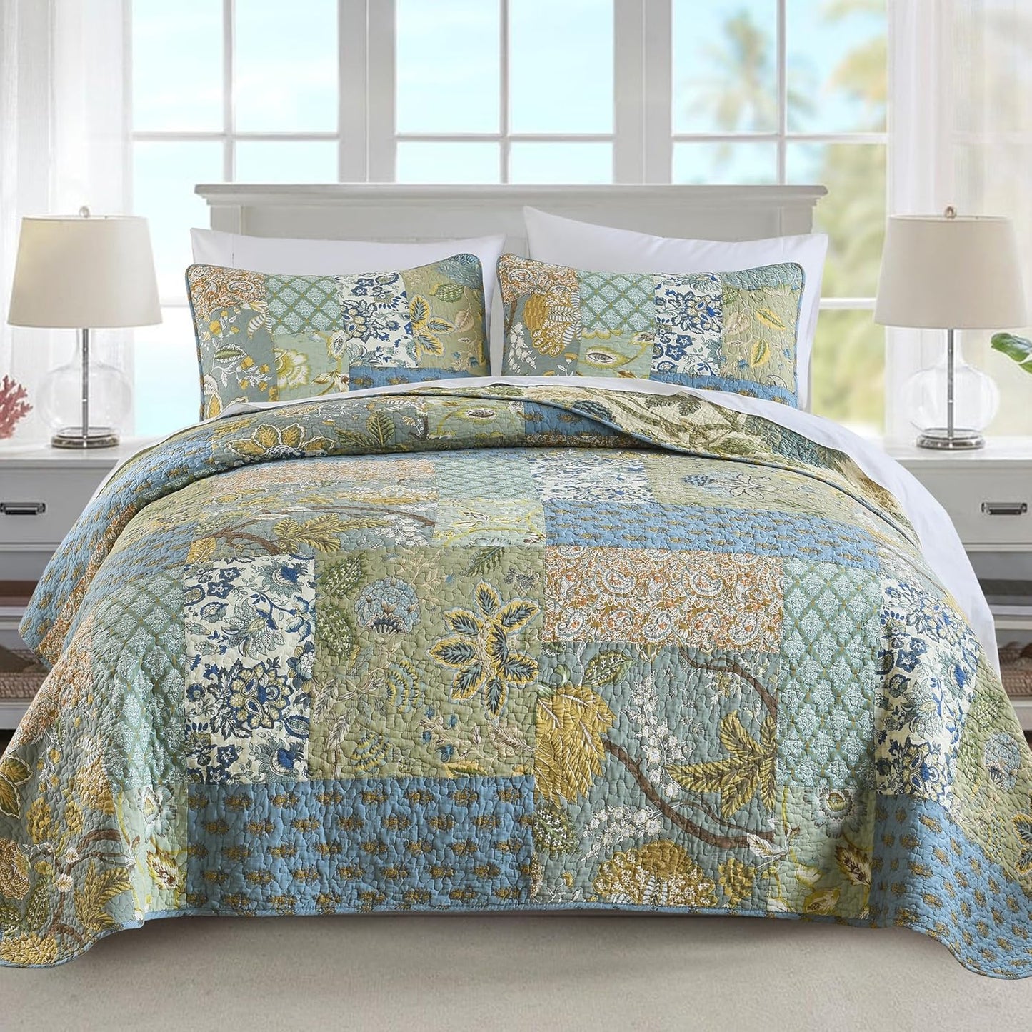 NEWLAKE Quilt Set King Size, 100% Cotton Patchwork Green Bohemian Quilt Sets, Reversible Bedspread
