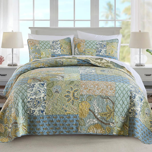 NEWLAKE Quilt Set Twin Size, 100% Cotton Patchwork Green Bohemian Quilt Sets, Reversible Bedspread