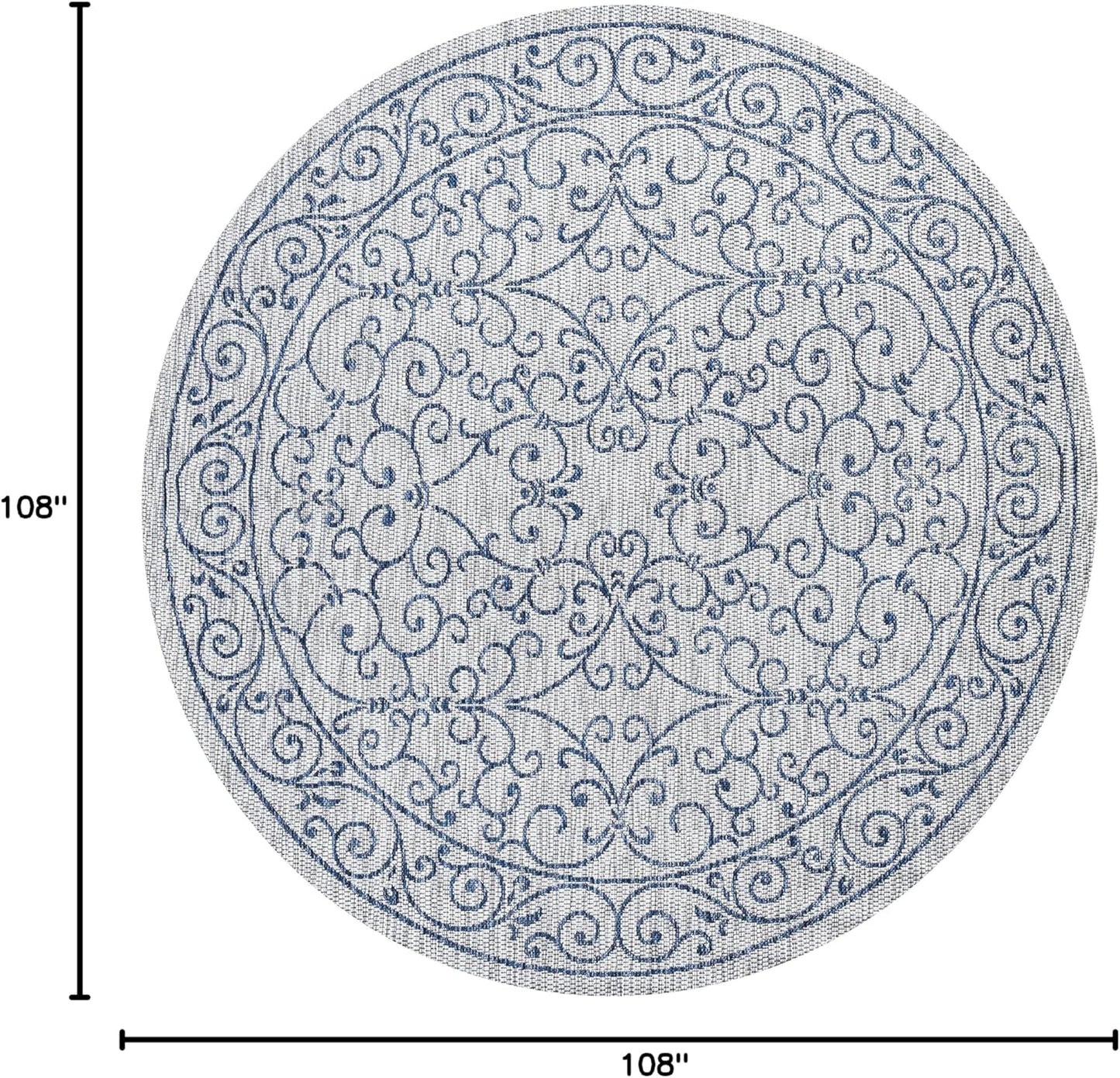 JONATHAN Y Vintage Filigree Indoor Outdoor Round Area Rug 9 Ft Gray/Navy, Charleston Textured Weave