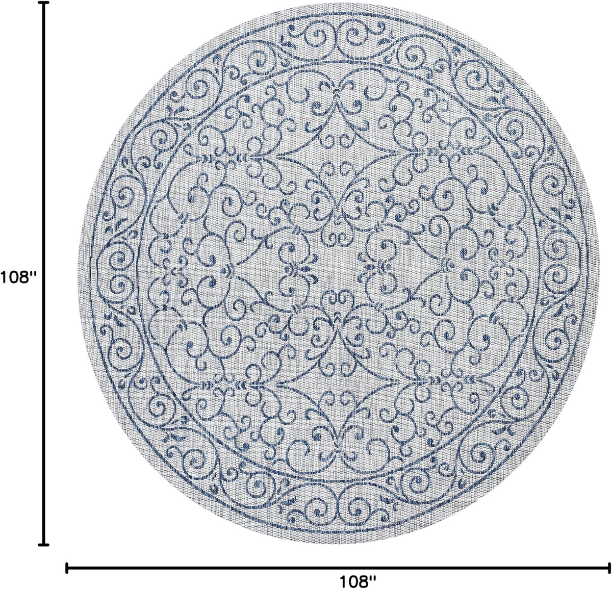 JONATHAN Y Vintage Filigree Indoor Outdoor Round Area Rug 9 Ft Gray/Navy, Charleston Textured Weave