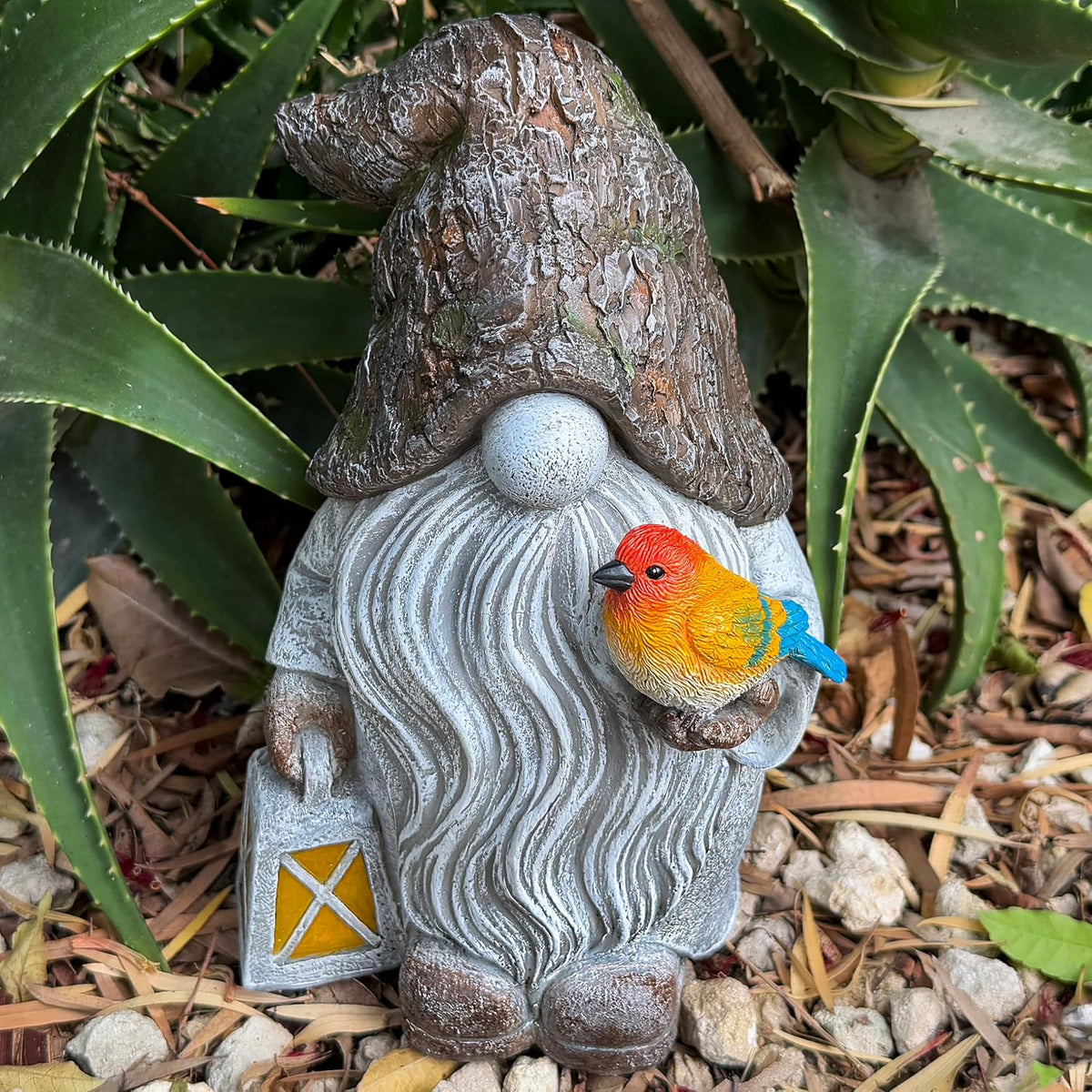 Mood Lab Garden Gnome - Stone Gnome Figurine - 9.1 Inch Tall Lawn Statue with Bird - for Outdoor or