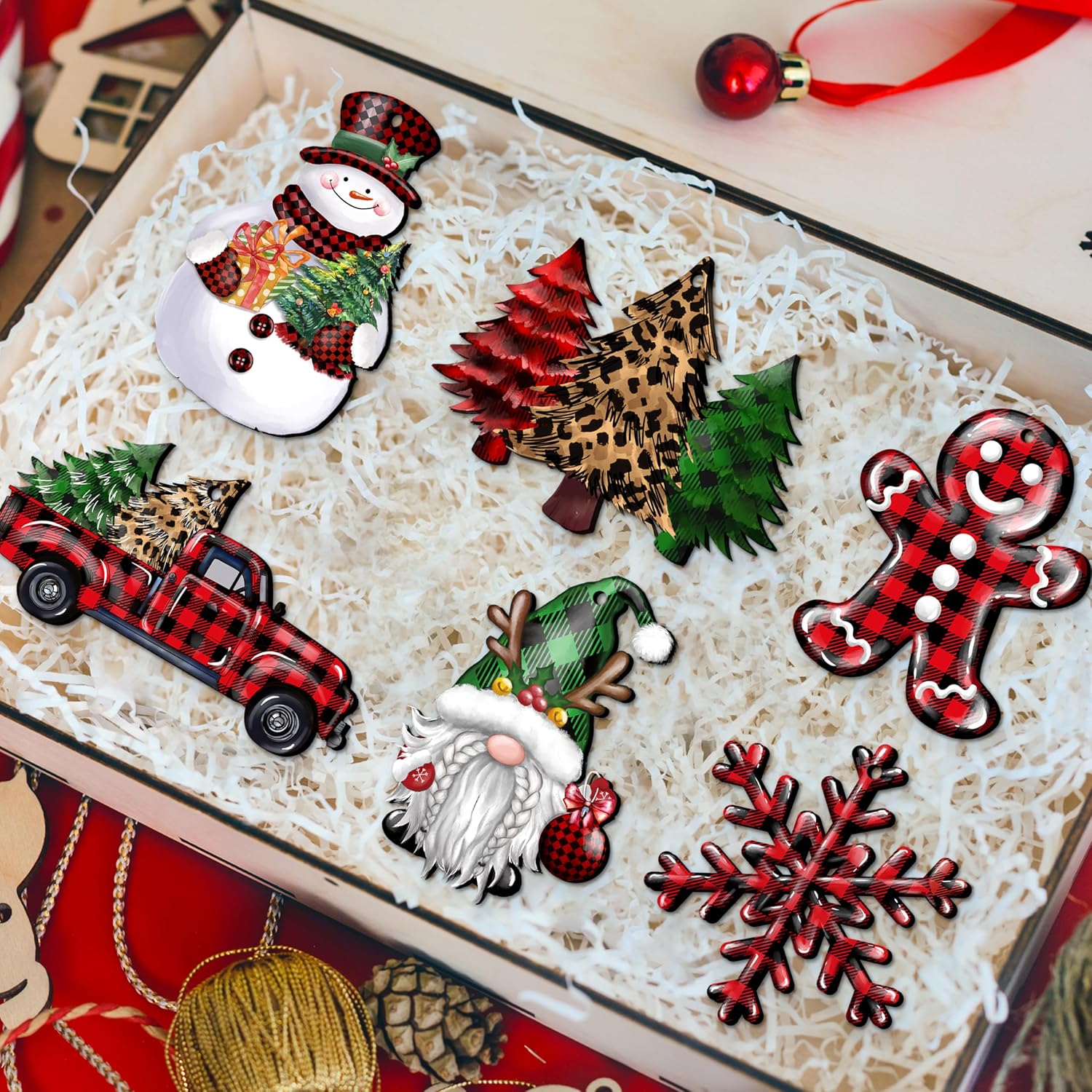 24 Pieces Christmas Wood Ornaments Snowflake Gnome Snowman Truck Wooden Hanging Ornaments Christmas