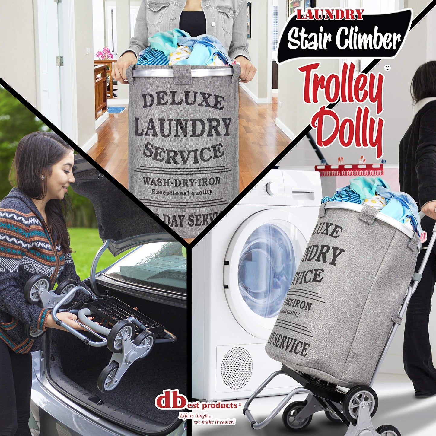 dbest products Stair Climber Laundry Trolley Dolly, Grey Laundry Bag Hamper Basket cart with wheels