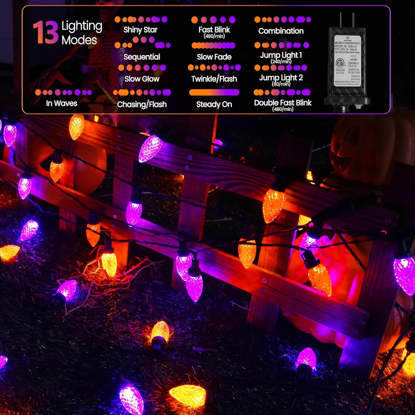 2PK 100 LED Purple and Orange C9 Halloween Lights Indoor Outdoor, Extendable 98FT C9 String Lights