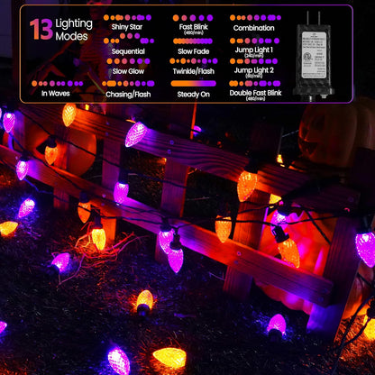 2PK 100 LED Purple and Orange C9 Halloween Lights Indoor Outdoor, Extendable 98FT C9 String Lights