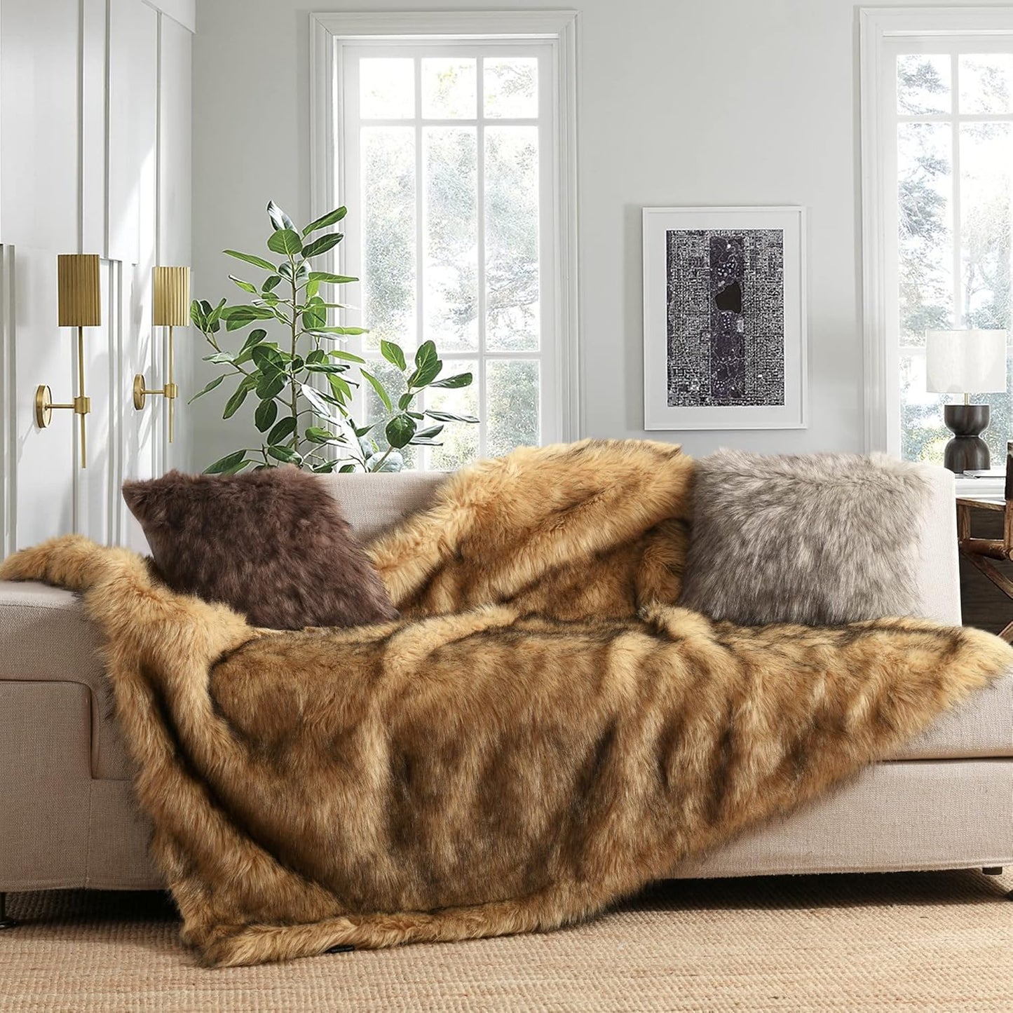 Luxury Plush Faux Fur Blanket Queen Size, Long Pile Golden Yellow with Black Tips Throw, Oversized