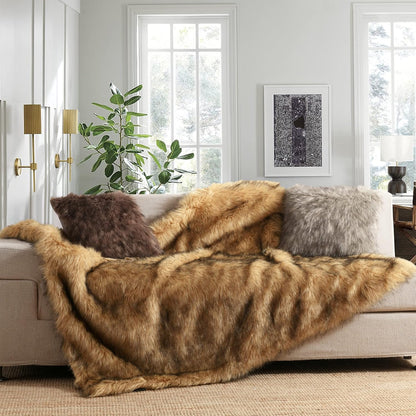 Luxury Plush Faux Fur Blanket Queen Size, Long Pile Golden Yellow with Black Tips Throw, Oversized