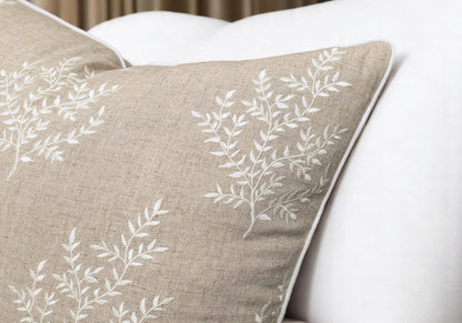 VAGMINE Embroidered Leaves Throw Pillow Cover - 20x20 Inches Square - 100% Linen Natural Throw