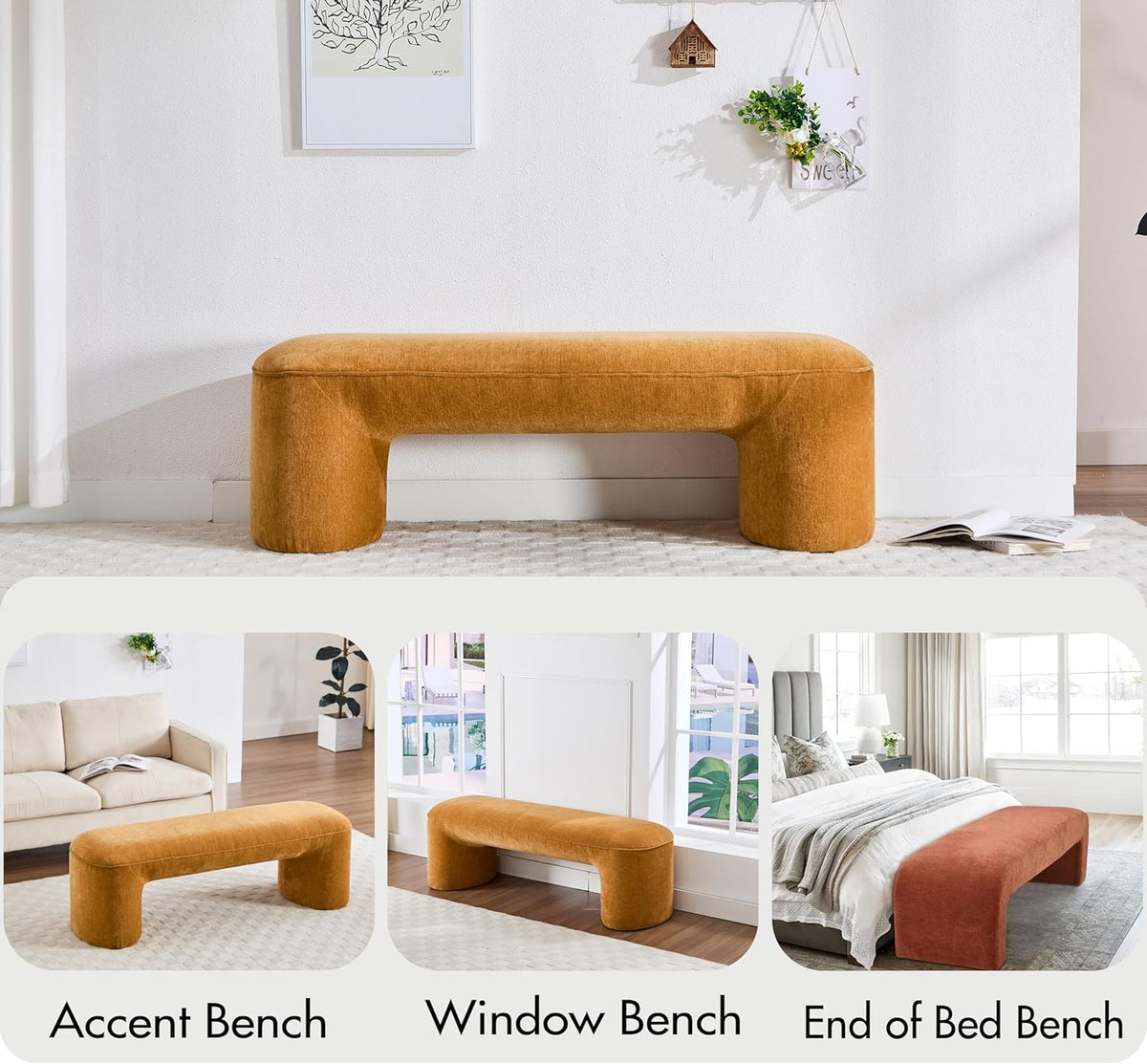 3-Piece 53" Comfy Upholstered Dining Bench with 2 Ottomans, Accent Waterfall Bench Modern End of