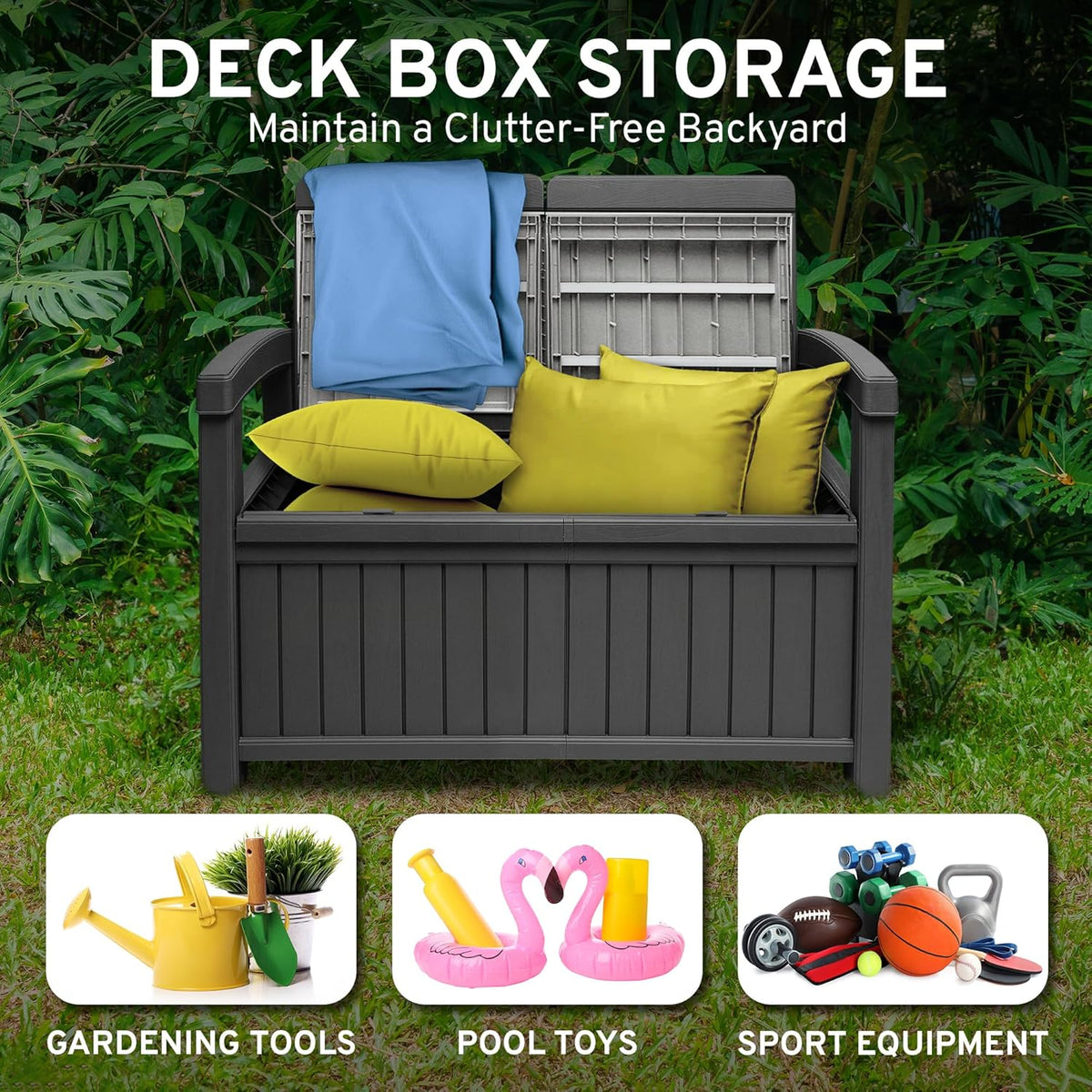 EconoHome 2 Seat Outdoor Storage Bench with Rain Cover - 60 Gallon Capacity - Weatherproof Resin