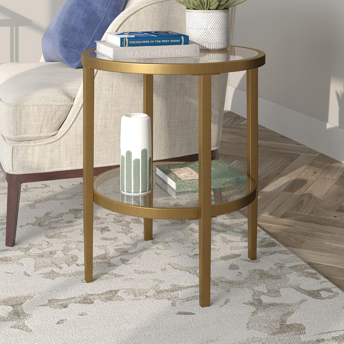 Henn&Hart 20" Wide Round Side Table with Glass Shelf in Antique Brass, Table for Living Room