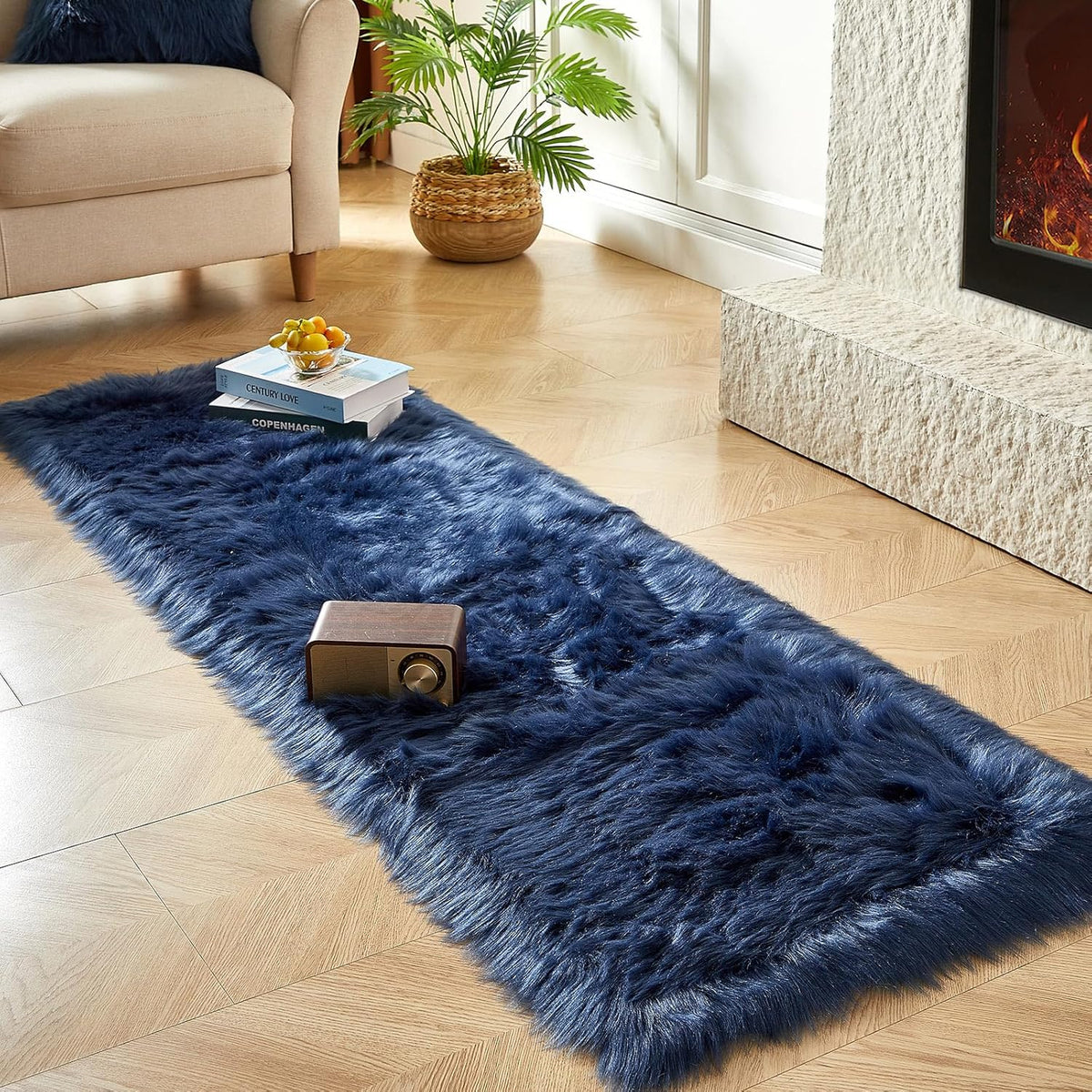 AMTOVO Faux Fur Rug, Dark Blue Ultra Soft Fluffy Shag Sheepskin Rug, 2 x 6 ft Runner Area Rugs for
