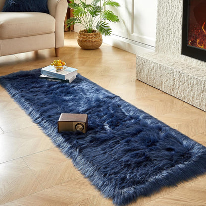AMTOVO Faux Fur Rug, Dark Blue Ultra Soft Fluffy Shag Sheepskin Rug, 2 x 6 ft Runner Area Rugs for