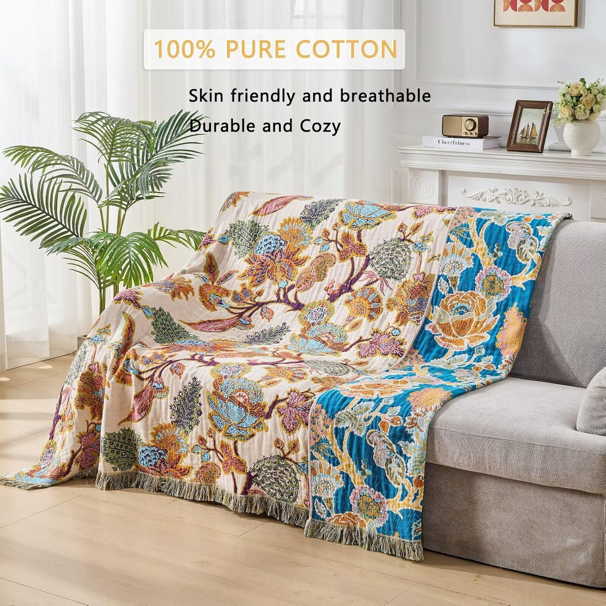 100% Muslin Throw Blanket for Couch, Butterfly and Floral Double Embroidery Fall Throw Blanket