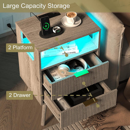 Nightstand with Charging Station and LED Lights,Modern Bedside Table with 2 Storage Drawer and Open