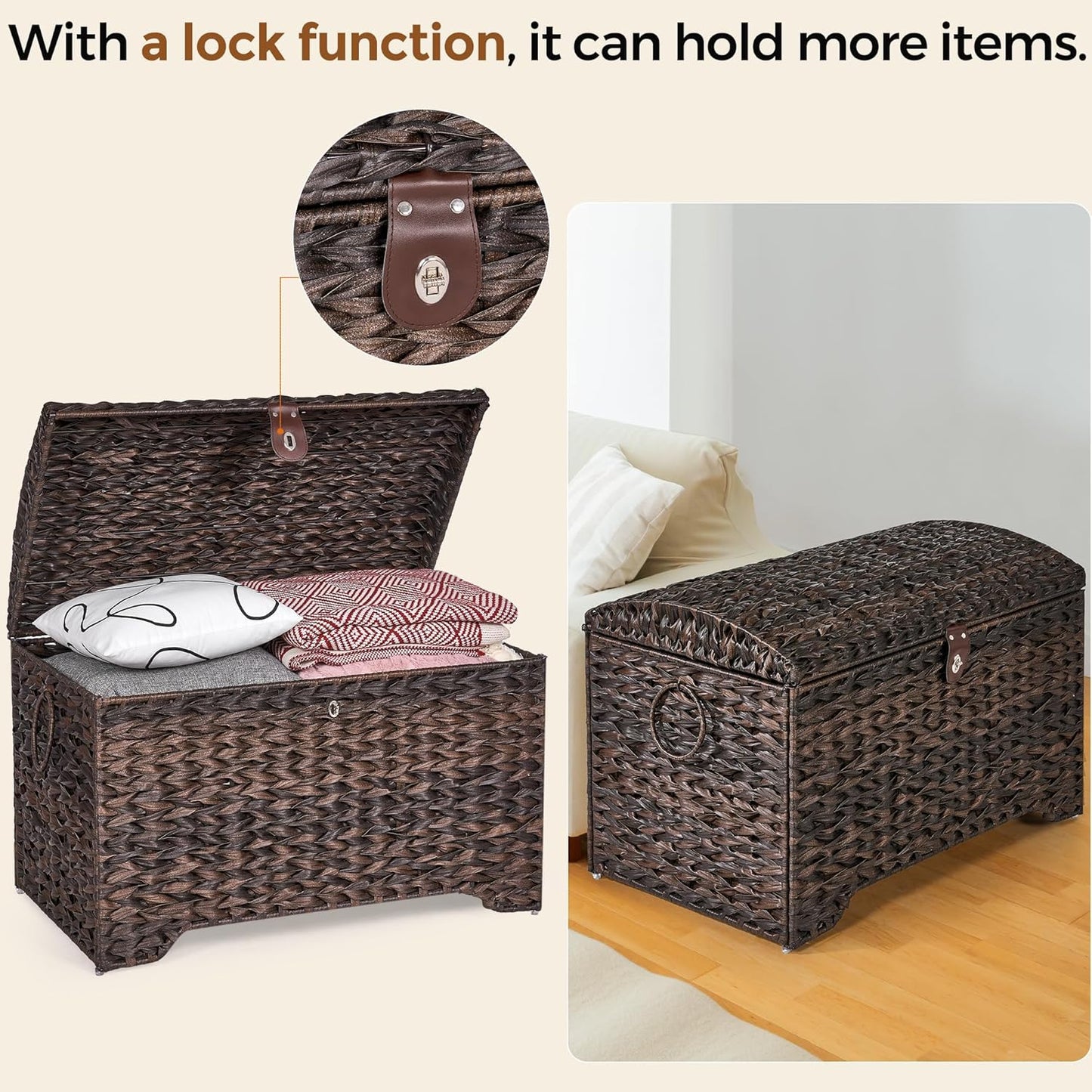 Handwoven Storage Basket with Lid, 178L Plastic Rattan Storage Bin, Leather Buckle & Metal Frame