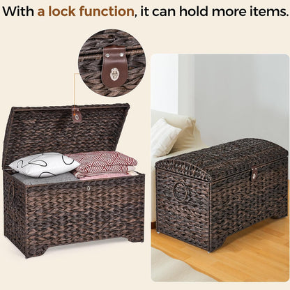Handwoven Storage Basket with Lid, 178L Plastic Rattan Storage Bin, Leather Buckle & Metal Frame