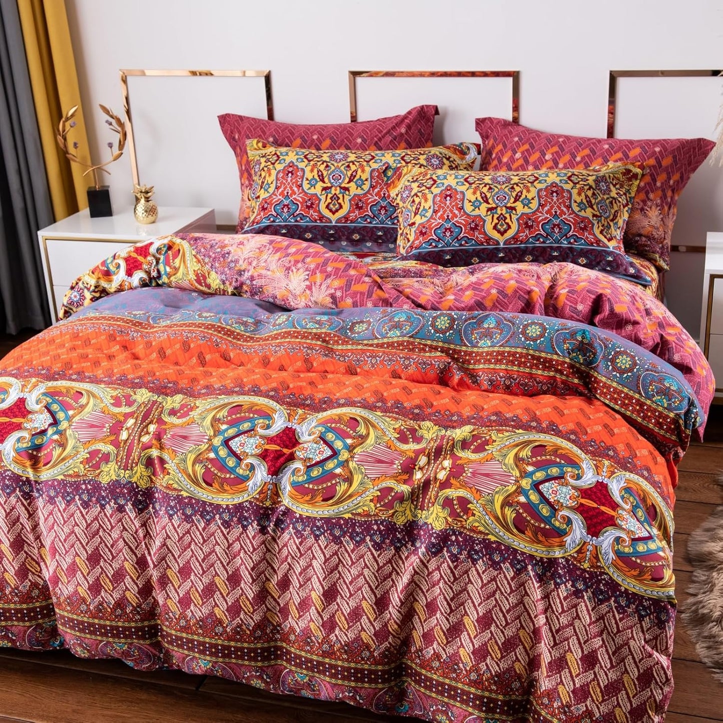 ABREEZE Bohemian Duvet Cover Set Colorful Orange Boho Retro Bedding Set Damask Paisley Cotton Duvet