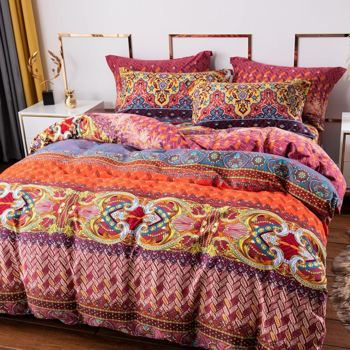 ABREEZE Bohemian Duvet Cover Set Colorful Orange Boho Retro Bedding Set Damask Paisley Cotton Duvet
