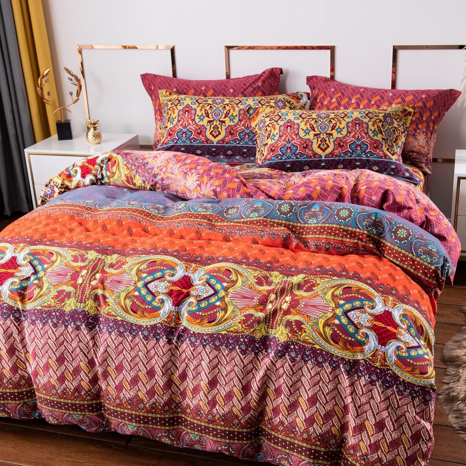 ABREEZE Bohemian Duvet Cover Set Colorful Orange Boho Retro Bedding Set Damask Paisley Cotton Duvet