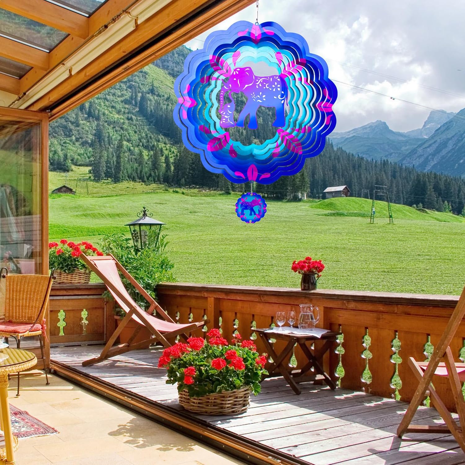 12 inch Elephant 3D Stainless Steel Wind Spinners, Hanging Garden Spinner Kinetic Art Garden