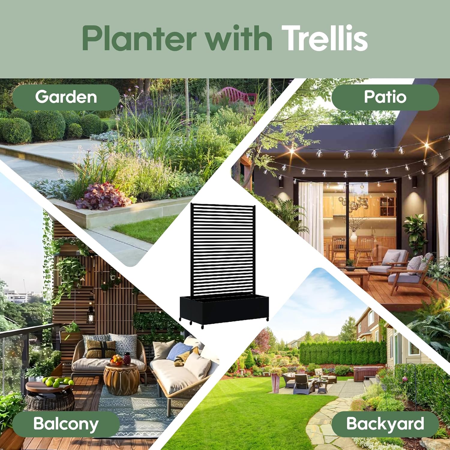 Double Metal Planter Box with Trellis Privacy Screen, Raised Garden Bed with Trellis & Wheels
