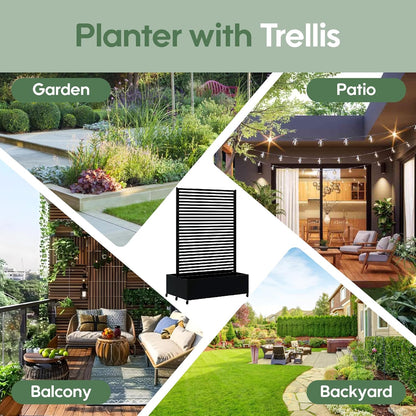 Double Metal Planter Box with Trellis Privacy Screen, Raised Garden Bed with Trellis & Wheels
