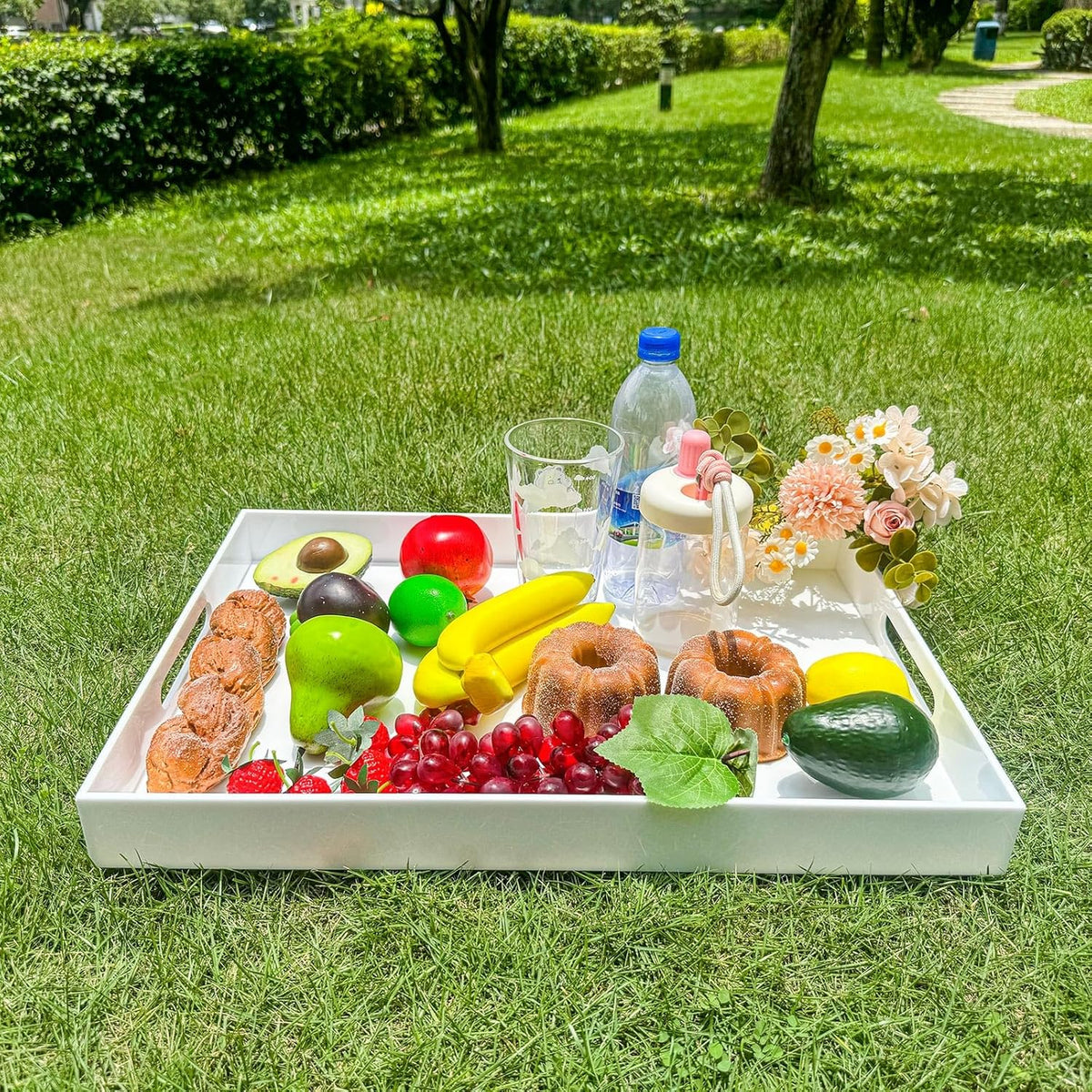 White Rectangular 14x20 Inches Acrylic Ottoman Tray Decorative Serving Tray with Cutout Handles