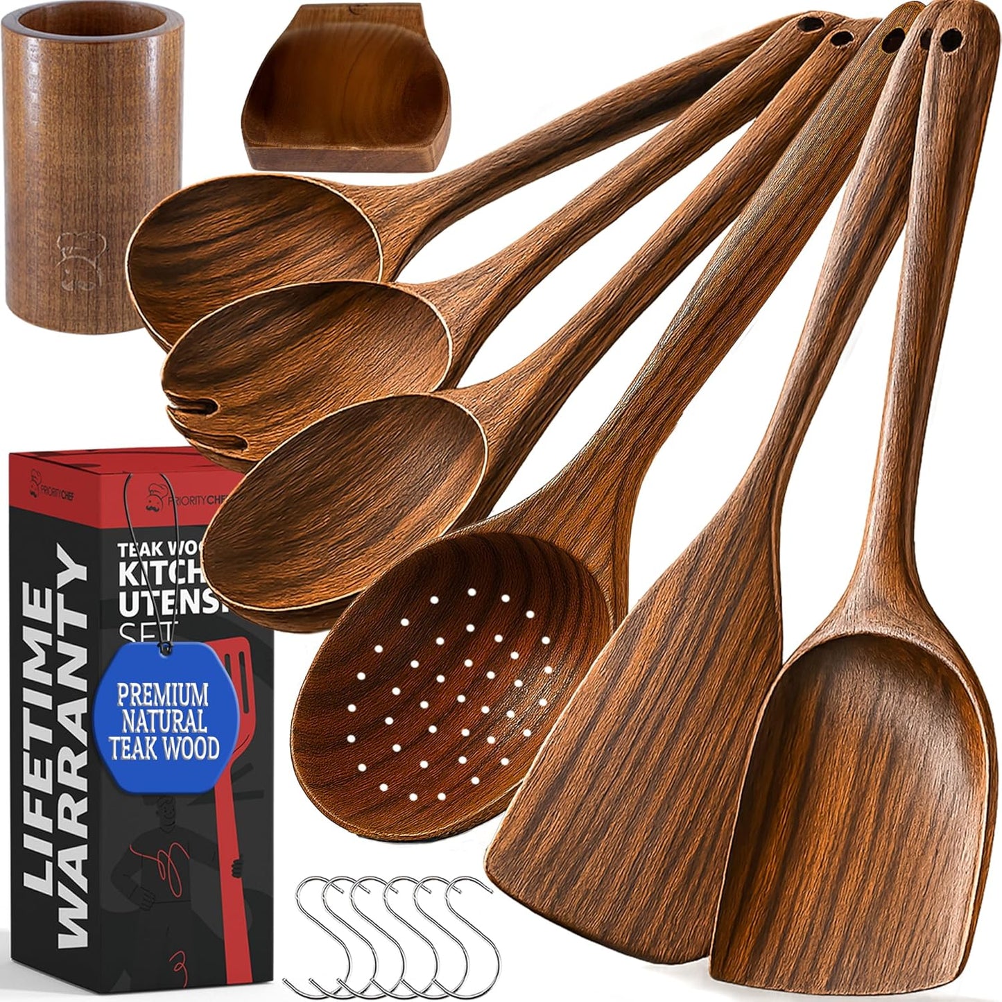 PriorityChef Premium Wooden Spoons for Cooking - 6pc with Utensil Holder, Spoon Rest and Hanging