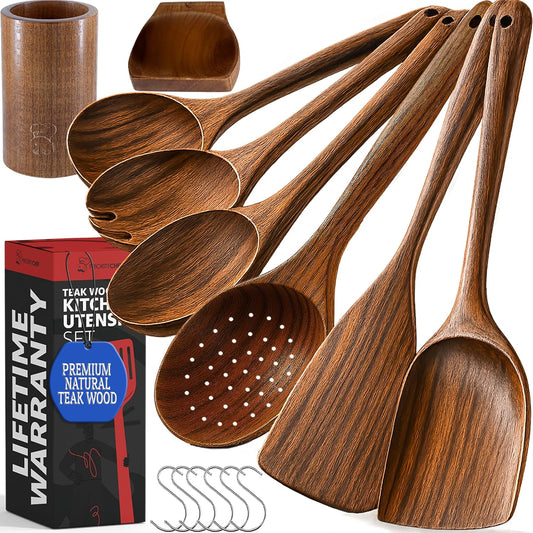 PriorityChef Premium Wooden Spoons for Cooking - 6pc with Utensil Holder, Spoon Rest and Hanging