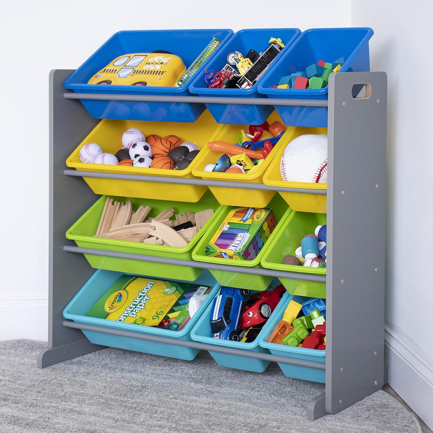 Humble Crew Kids Toy Storage Organizer with 12 Plastic Bins, Grey/Blue/Green/Yellow – Removable