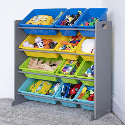 Humble Crew Kids Toy Storage Organizer with 12 Plastic Bins, Grey/Blue/Green/Yellow – Removable