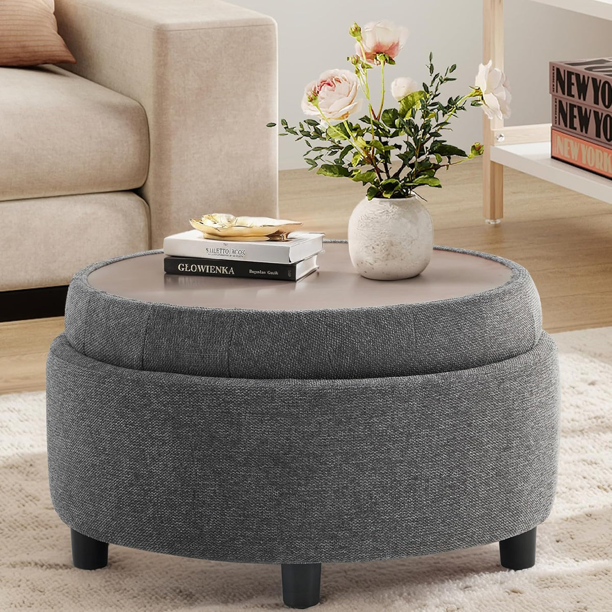 COLAMY Fabric Round Storage Ottoman with Reversible Tray Lid – Multi-Functional Footrest, Hidden