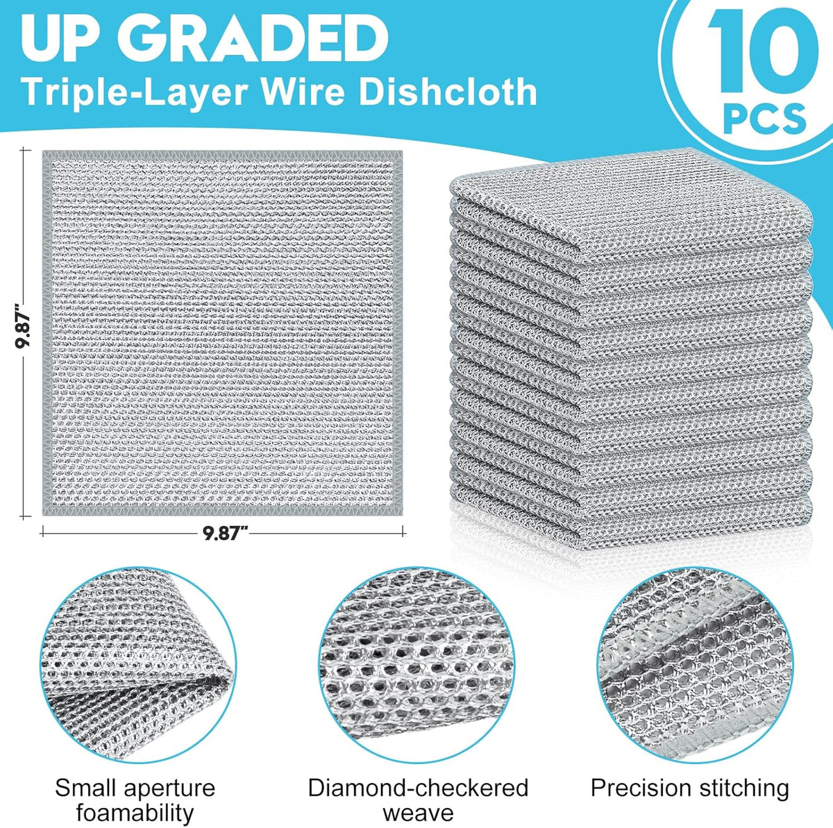 10 Pcs New Upgraded 3 Layers Non Scratch Wire Dishcloth, Multipurpose Wire Dishwashing Rags, Wet &