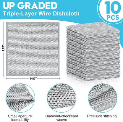 10 Pcs New Upgraded 3 Layers Non Scratch Wire Dishcloth, Multipurpose Wire Dishwashing Rags, Wet &