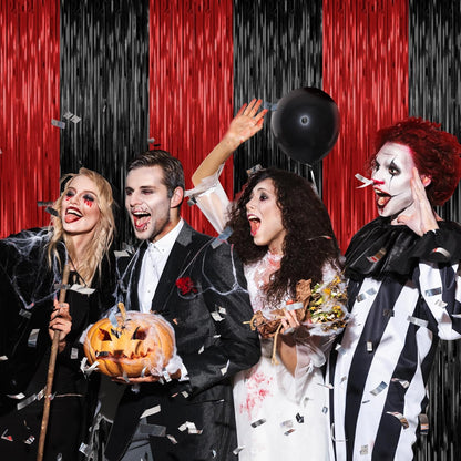 2 Pack Backdrop Curtains, 3.28 FT x 7.05 FT Black and Red Party Decor, Metallic Party Streamer