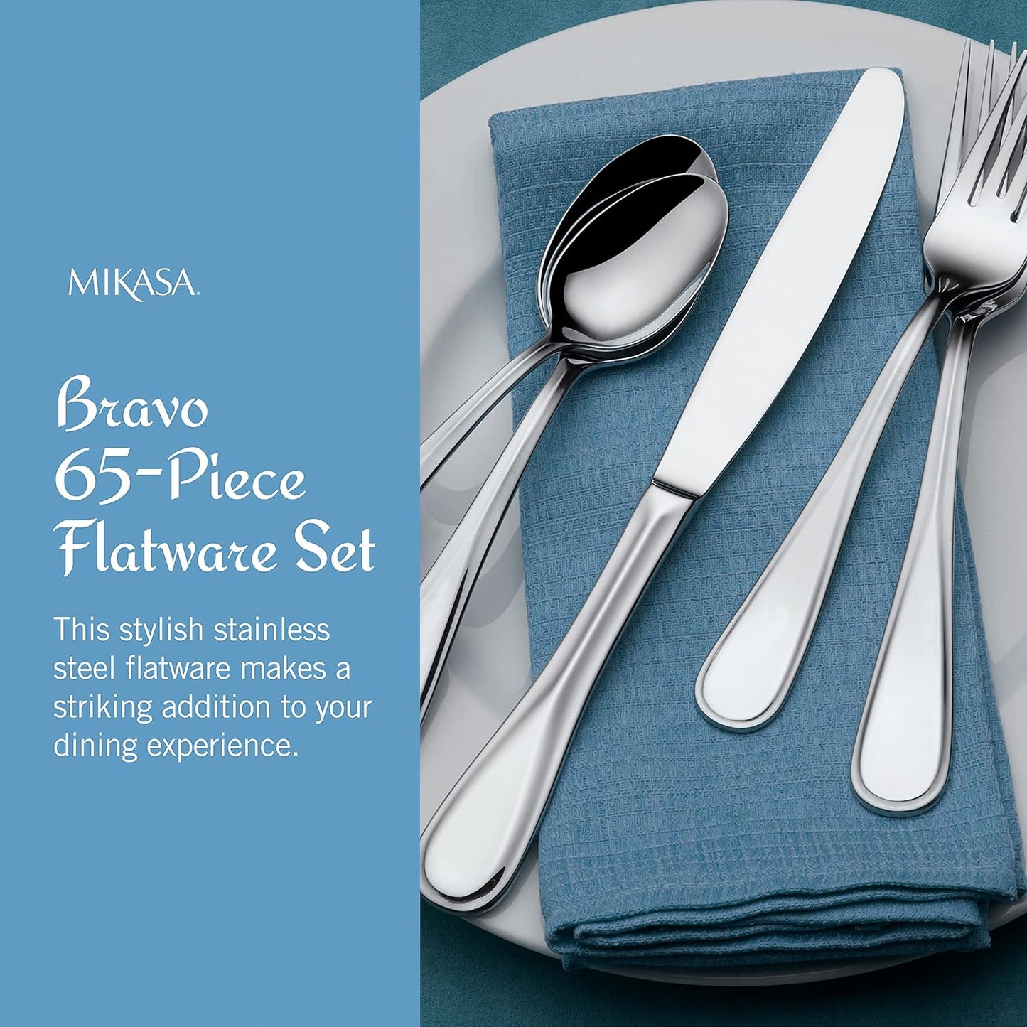 Mikasa Bravo 65-Piece Flatware Set for 12, 18/10 Stainless Steel Silverware with Full Service