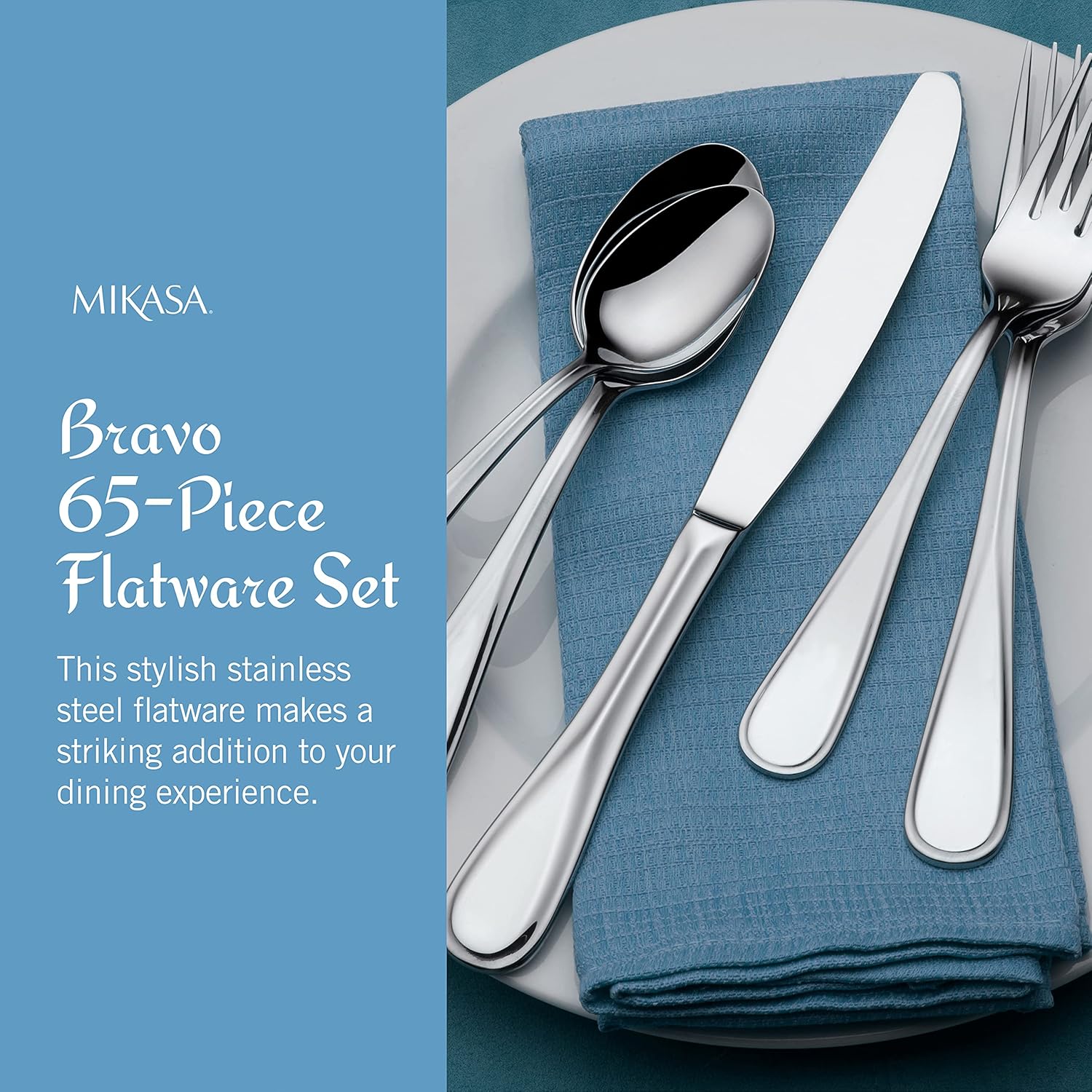 Mikasa Bravo 65-Piece Flatware Set for 12, 18/10 Stainless Steel Silverware with Full Service