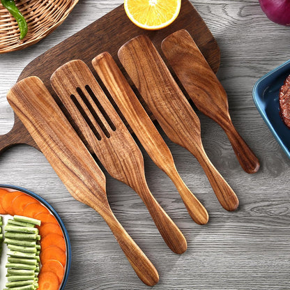 5 Pcs Wooden Spurtle Set, Natural Teak Kitchen Utensil Set Heat Resistant Non-Stick Wooden Spoons