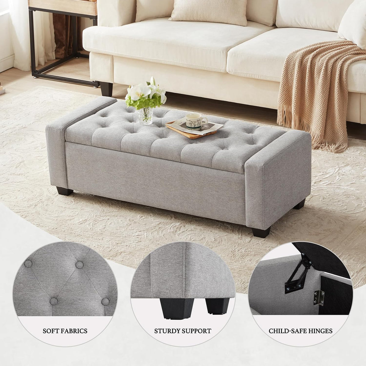 48" Ottoman with Storage, Storage Ottoman Bench with Safety Hinge, Upholstered Entryway Bench with