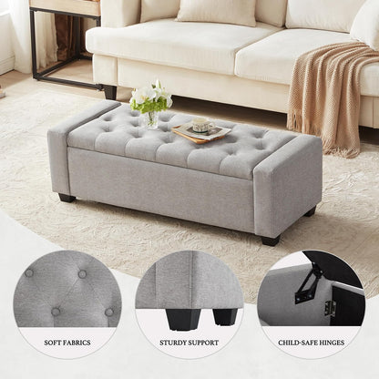 48" Ottoman with Storage, Storage Ottoman Bench with Safety Hinge, Upholstered Entryway Bench with